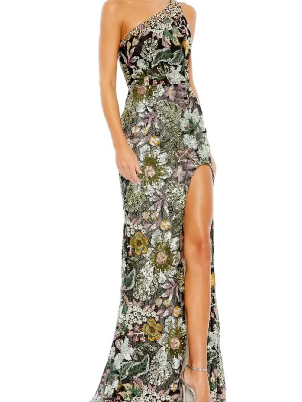 Mac Duggal Black Multi Embellished Floral One Shoulder Gown